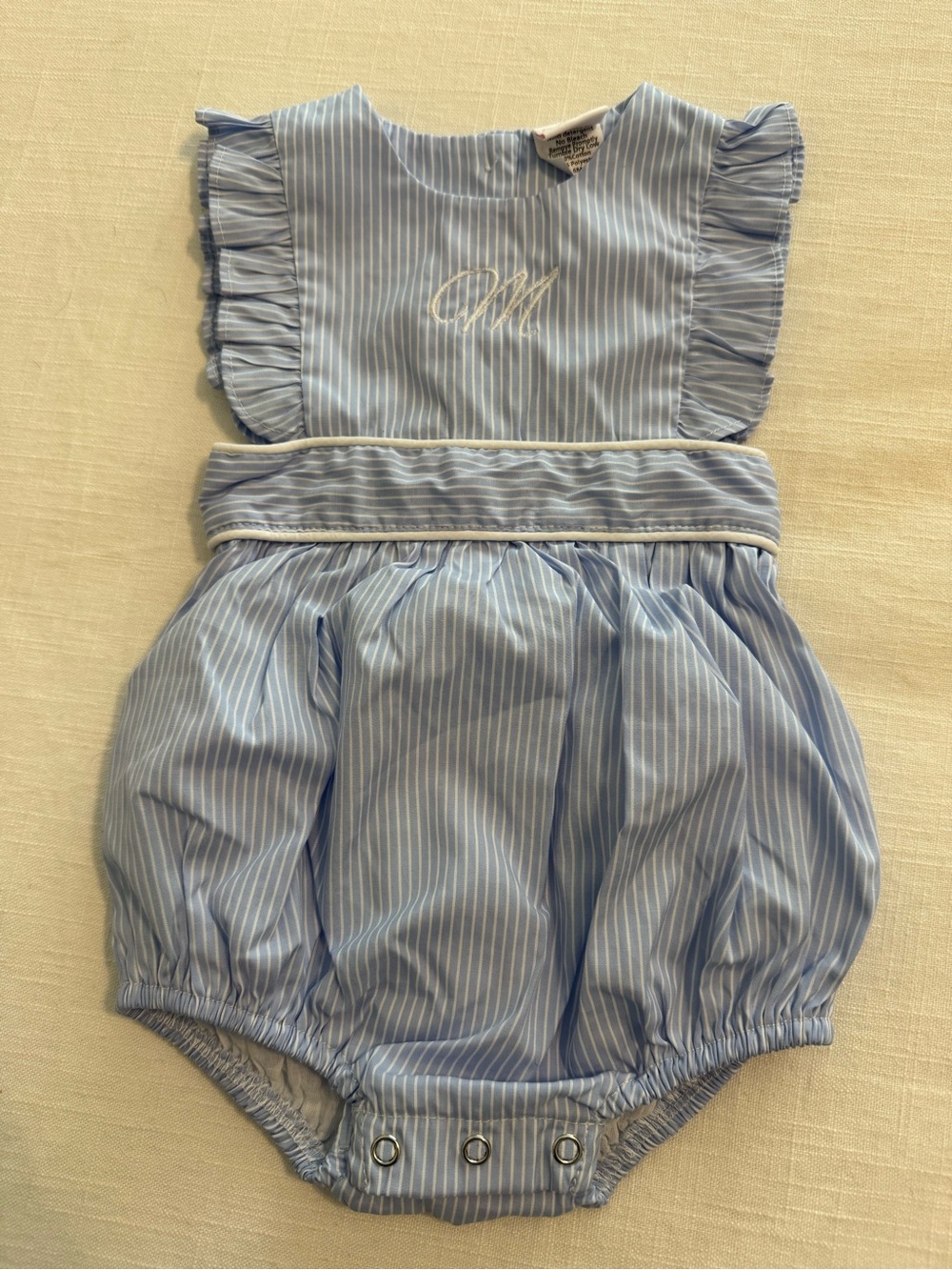 Light Blue Pinstripe Baby Bubble Romper with Monogram